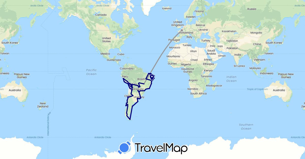 TravelMap itinerary: driving, plane in Argentina, Bolivia, Brazil, Chile, France, Peru, Paraguay, Uruguay (Europe, South America)