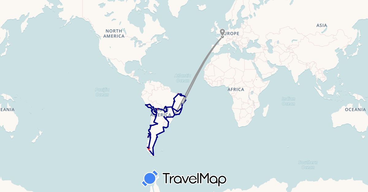 TravelMap itinerary: driving, plane, cycling, hiking, boat in Argentina, Bolivia, Brazil, Chile, France, Peru, Paraguay, Uruguay (Europe, South America)